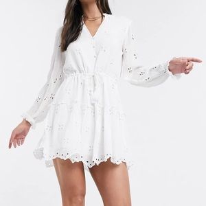 River Island White Long Sleeve Broderie Smock Mini Dress